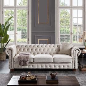 Chesterfield sofa beige linen fabric (Beige) Chesterfield sofa beige linen fabric (Beige)